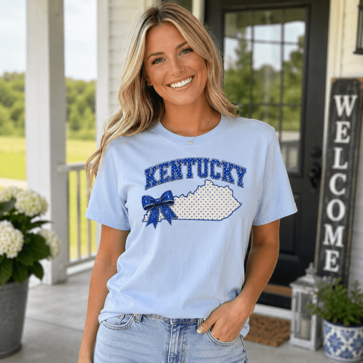 Kentucky Blue Dot Bow Tee | State Pride Script Design | Classic - Bluegrass Elite Apparel LLC