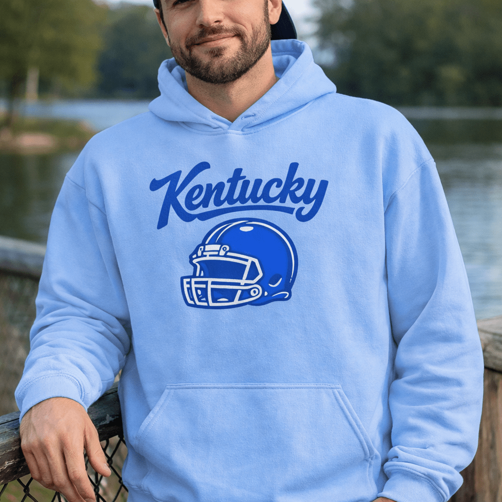 Kentucky Blue Script Helmet Hoodie | Football Design | Classic Fleece Pullover - Bluegrass Elite Apparel LLC