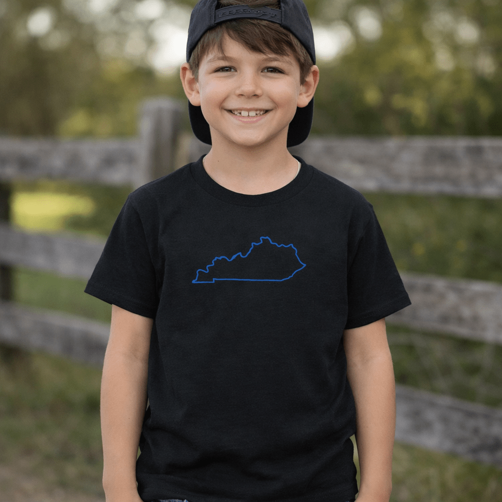 Kentucky Outline Youth Tee | Minimal Blue Line Art - Bluegrass Elite Apparel LLC