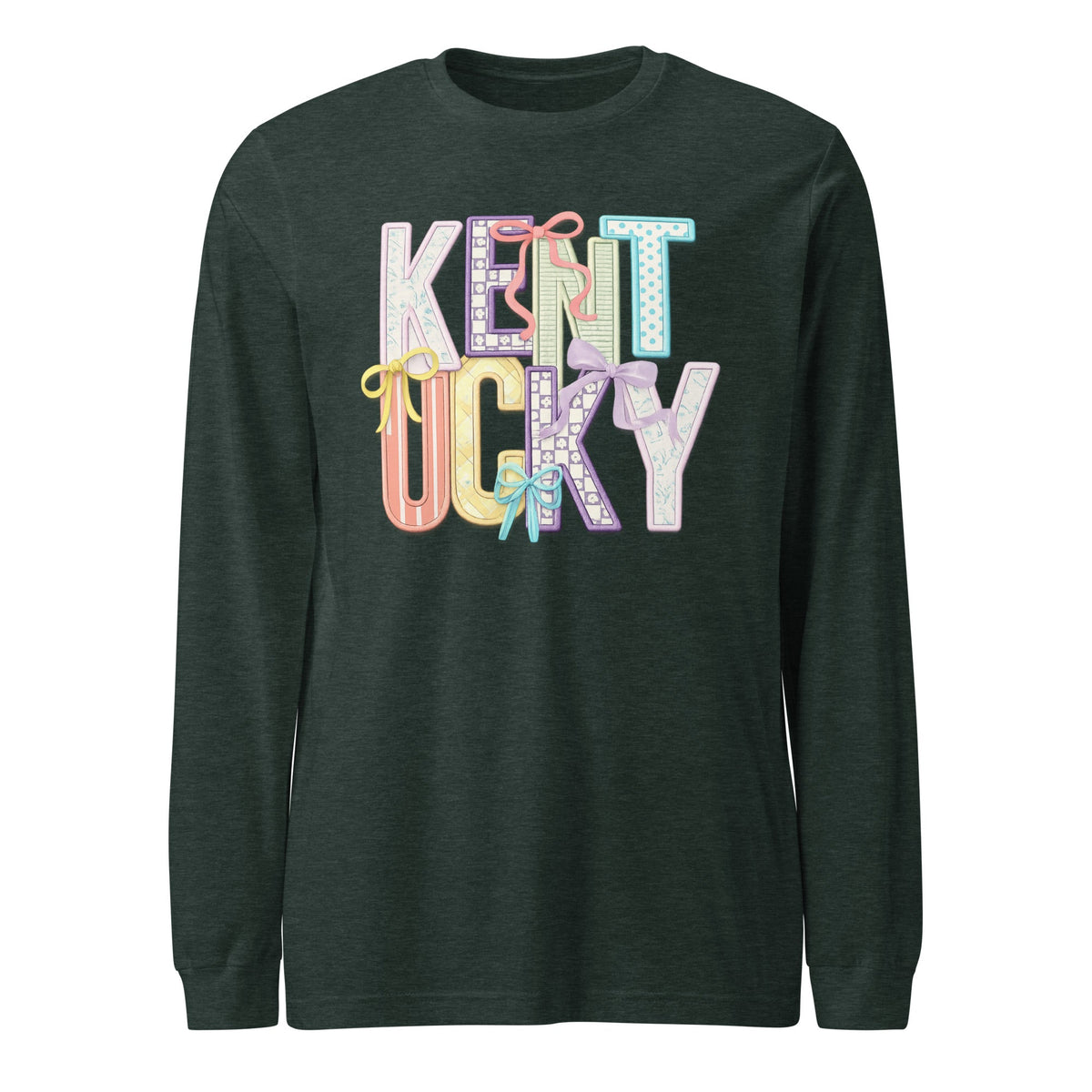 Kentucky Pastel Bow Script Long Sleeve Shirt | Patchwork Coquette Design - Bluegrass Elite Apparel LLC