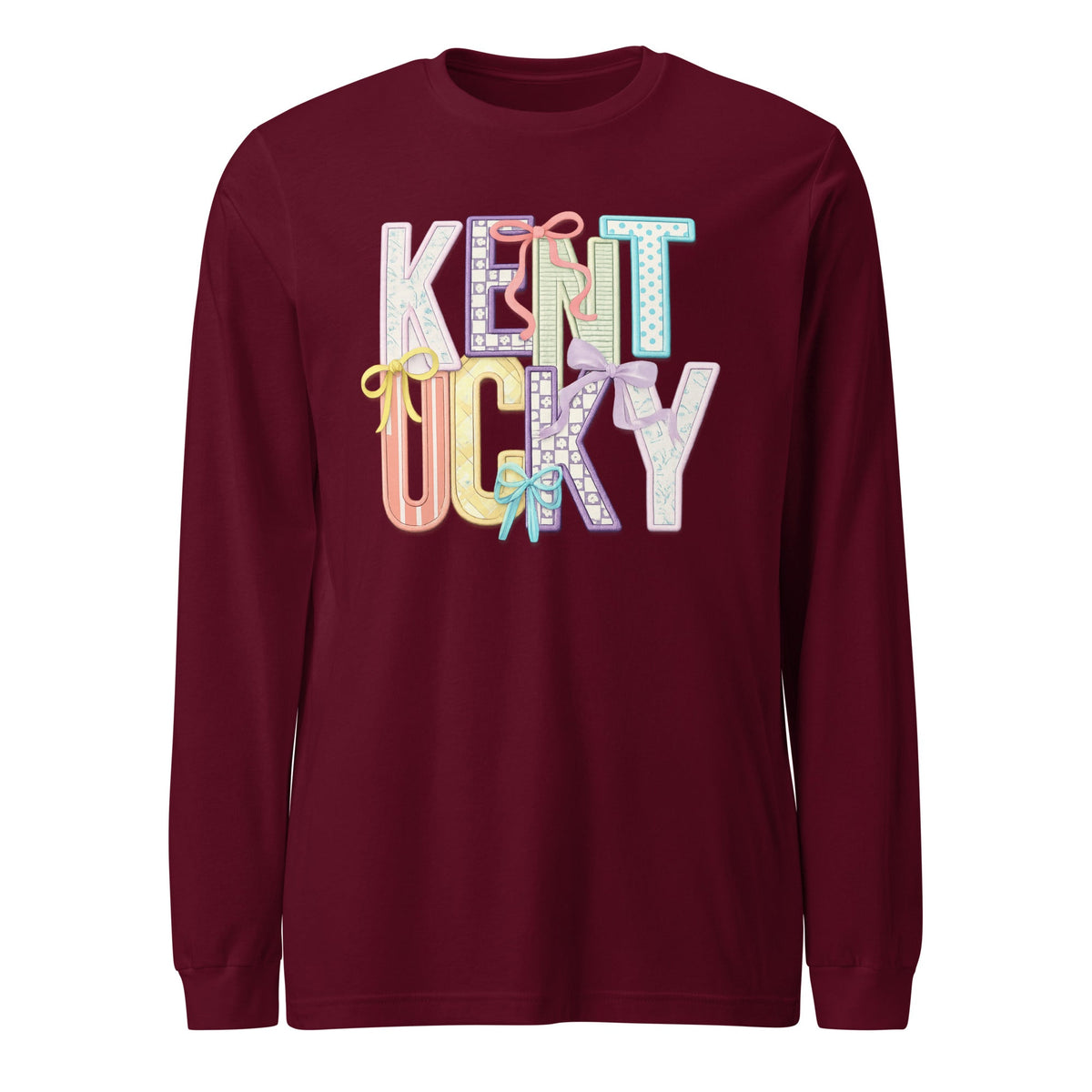 Kentucky Pastel Bow Script Long Sleeve Shirt | Patchwork Coquette Design - Bluegrass Elite Apparel LLC