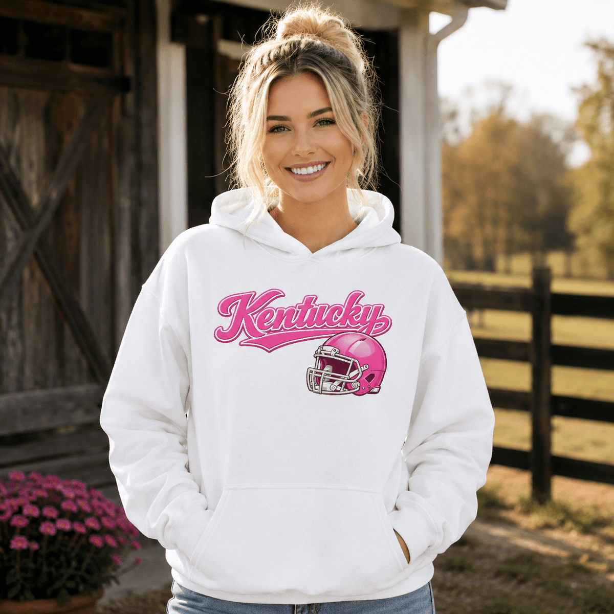 Kentucky Pink Script Helmet Hoodie | Minimal Sports Design | Classic Fleece Pullover - Bluegrass Elite Apparel LLC