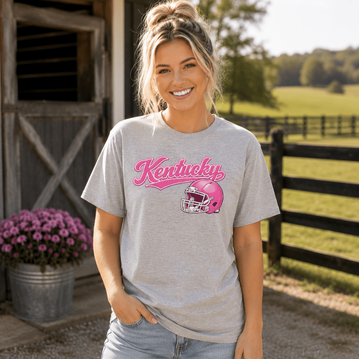 Kentucky Pink Script Helmet T-Shirt | Minimal Sports Design | Classic Airlume - Bluegrass Elite Apparel LLC