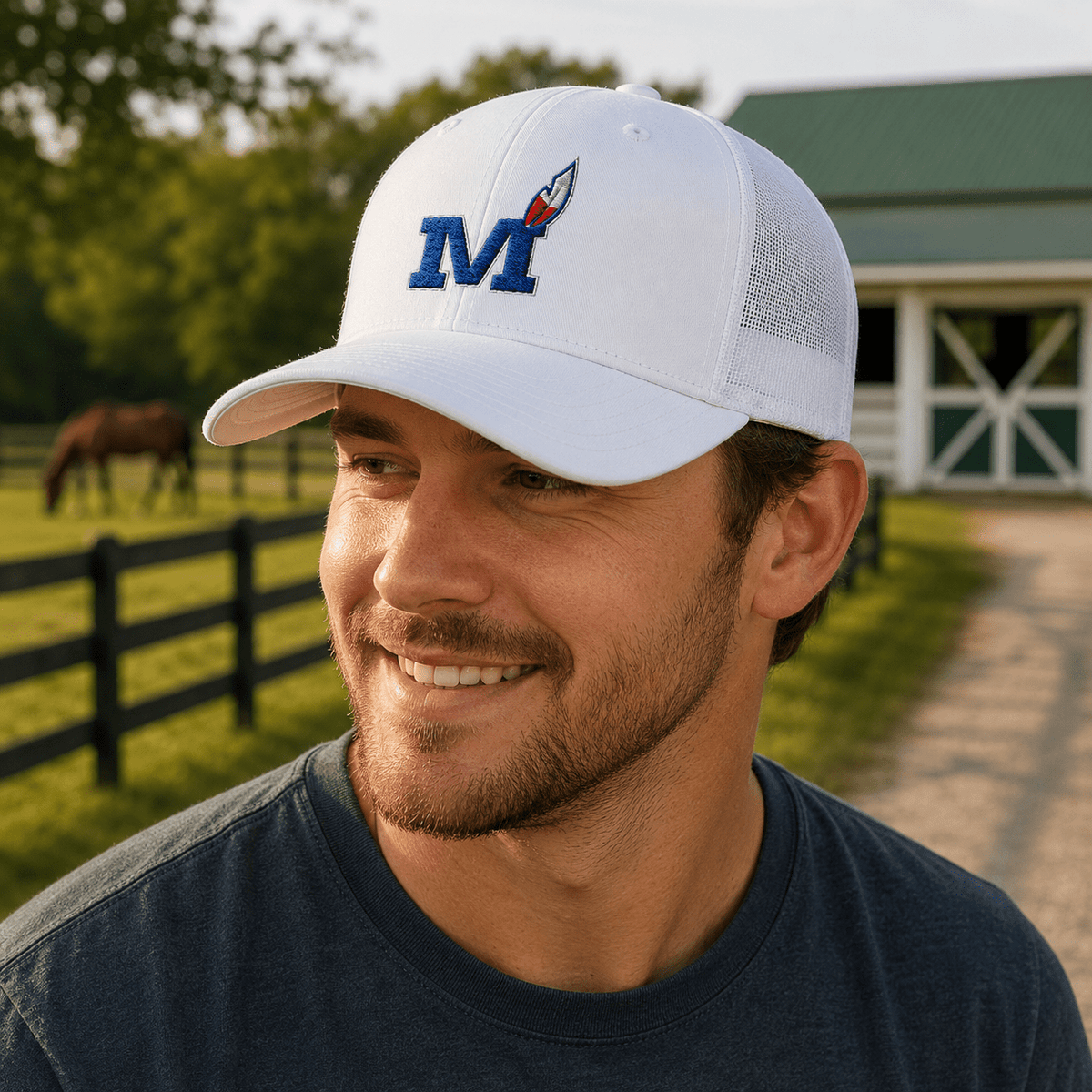 Montgomery County Indian Trucker Hat | Blue Torch M Graphic - Bluegrass Elite Apparel LLC