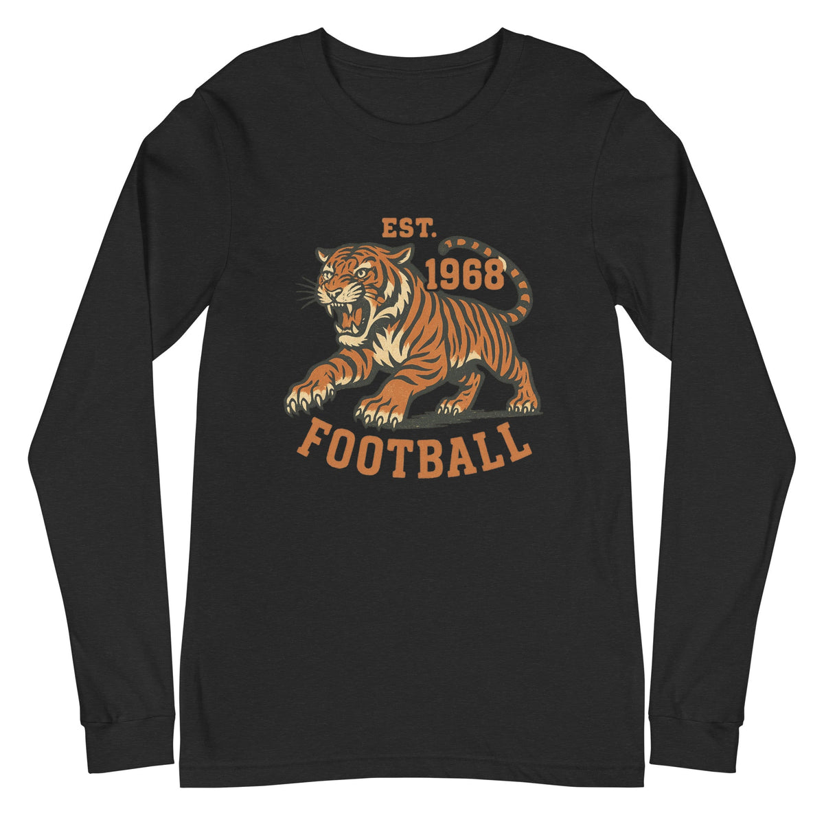 Retro Tiger Football Long Sleeve T-Shirt | Est. 1968 Vintage Style | Classic Airlume Cotton - Bluegrass Elite Apparel LLC