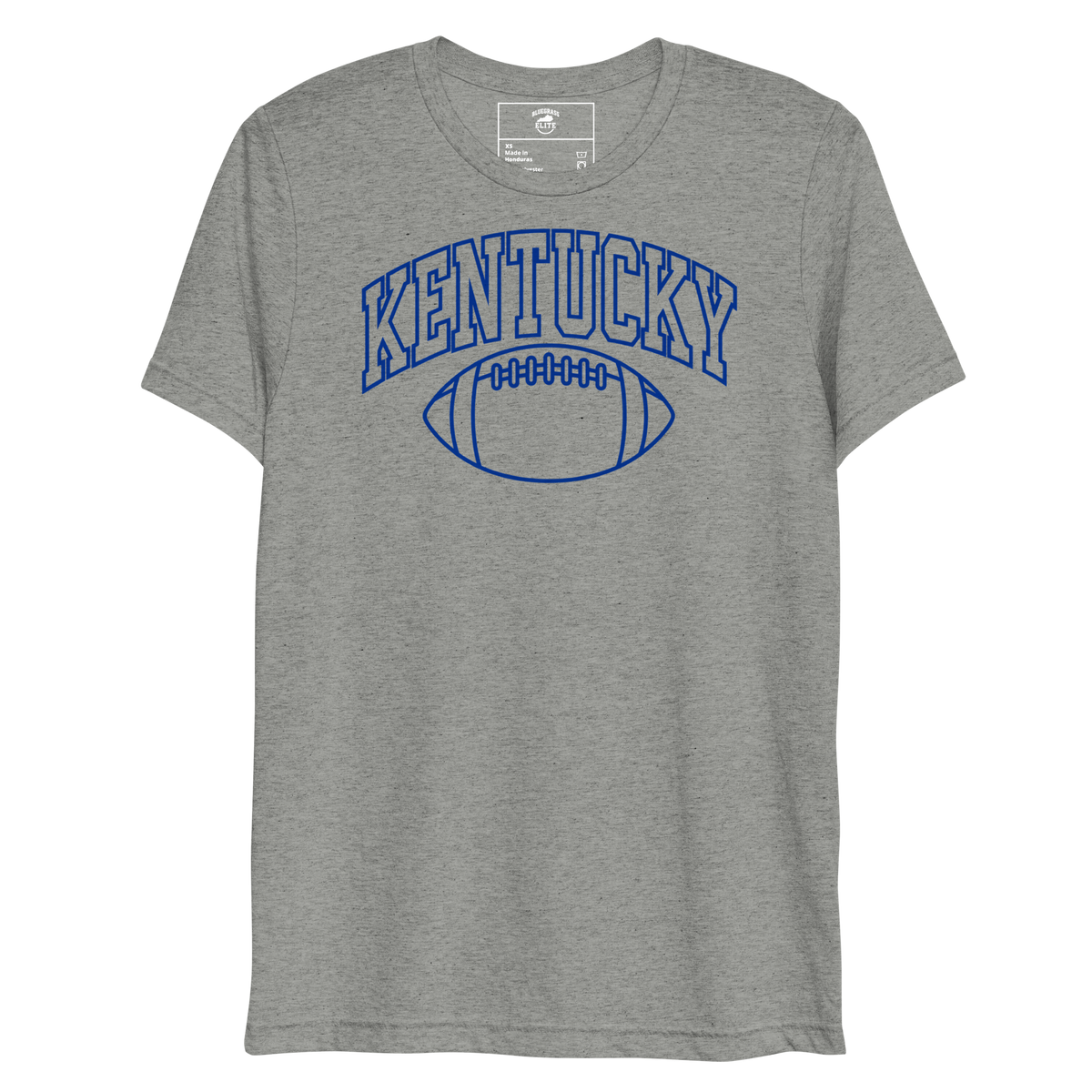Front view of a athletic gray T-shirt with blue outlined Kentucky block lettering above a football outline.