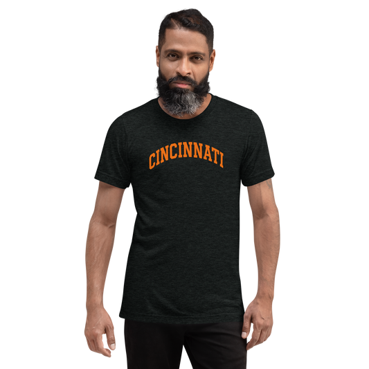 Cincinnati Football Shirt | Arched Orange Text Design | Elite Tri-Blend