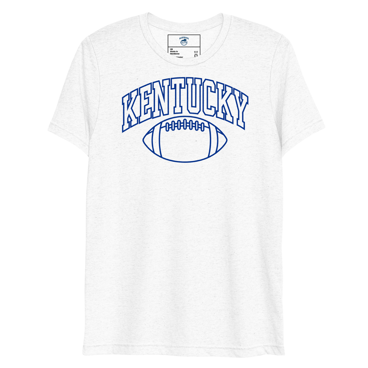 Front view of a white T-shirt with blue outlined Kentucky block lettering above a football outline.