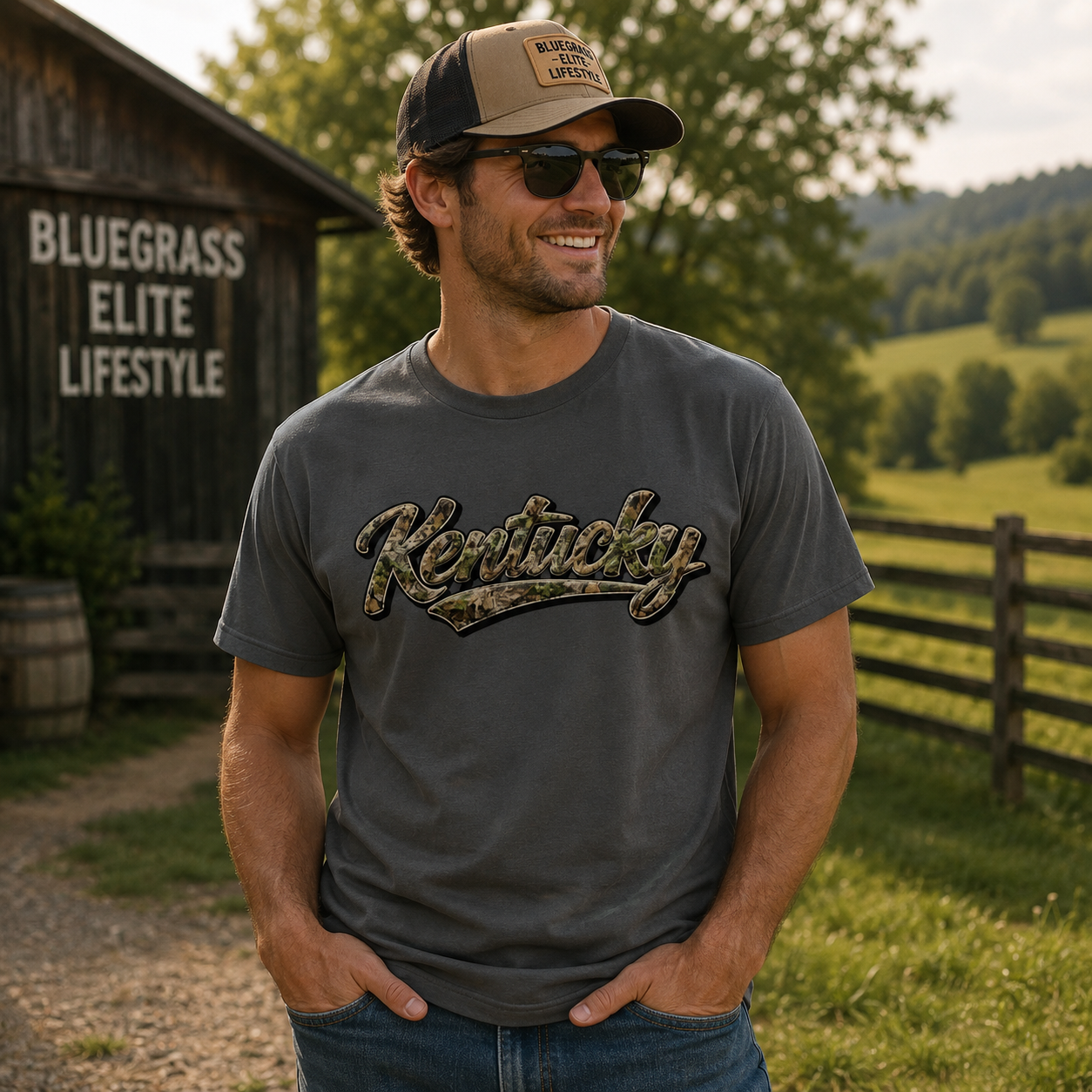 Kentucky Camo Shirt | Outdoor Script Design | Classic Cotton