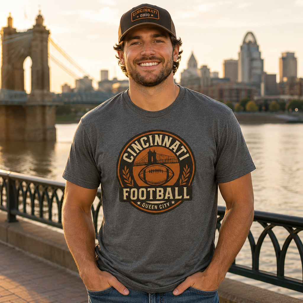 Vintage Cincinnati Football Emblem Tee | Queen City Logo | Basic Cotton