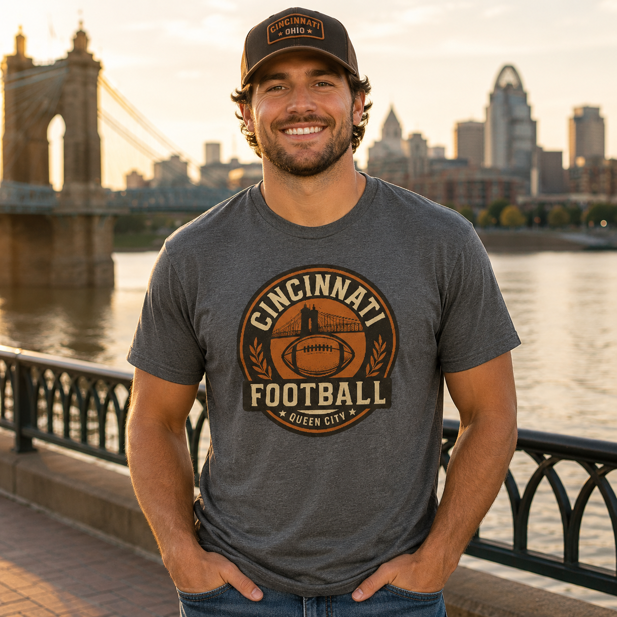 Vintage Cincinnati Football Emblem Tee | Queen City Logo | Basic Cotton