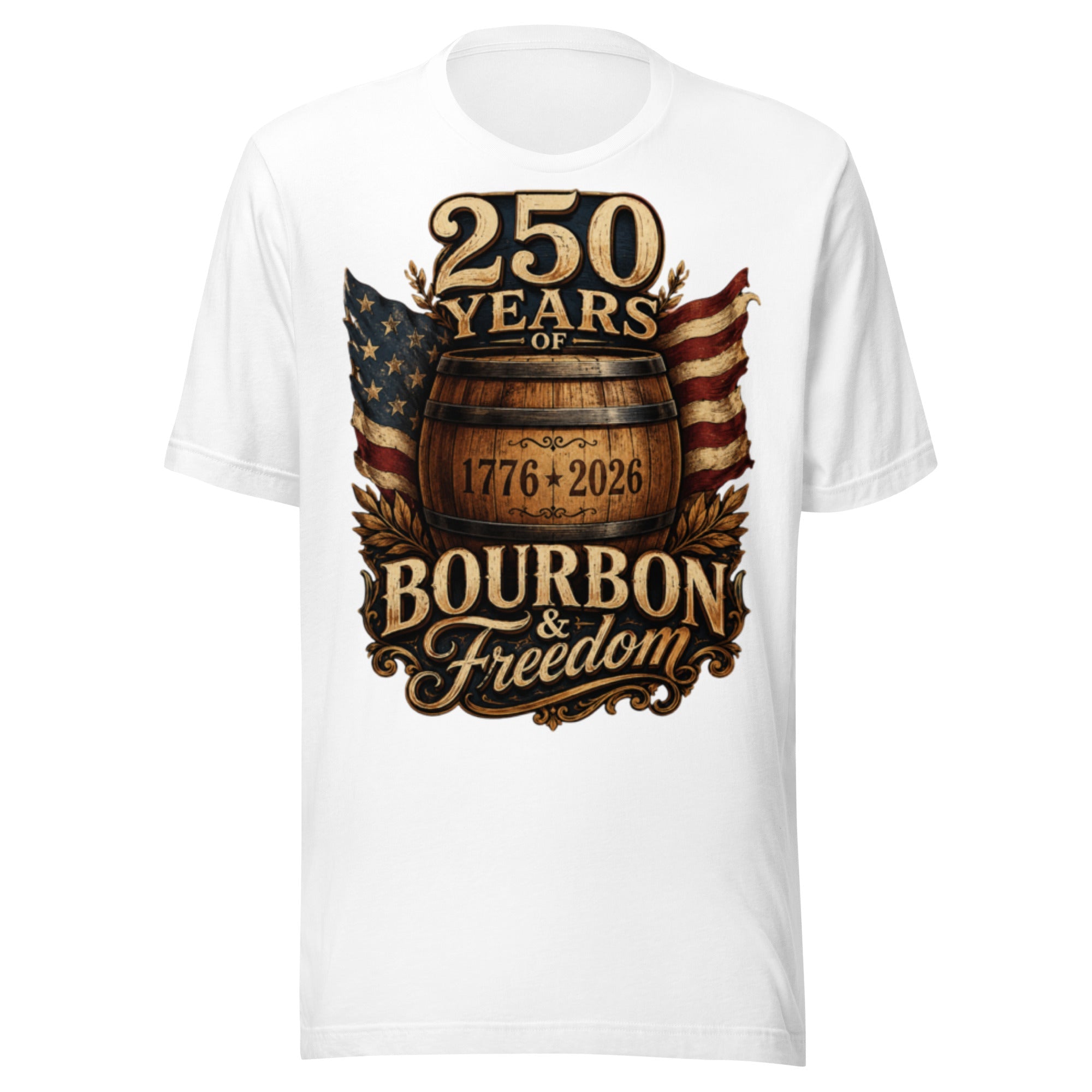 250 Years of Bourbon & Freedom T-Shirt | Heritage Barrel Design | Classic - Bluegrass Elite Apparel LLC