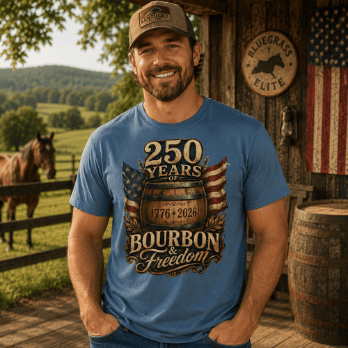 250 Years of Bourbon & Freedom T-Shirt | Heritage Barrel Design | Classic - Bluegrass Elite Apparel LLC