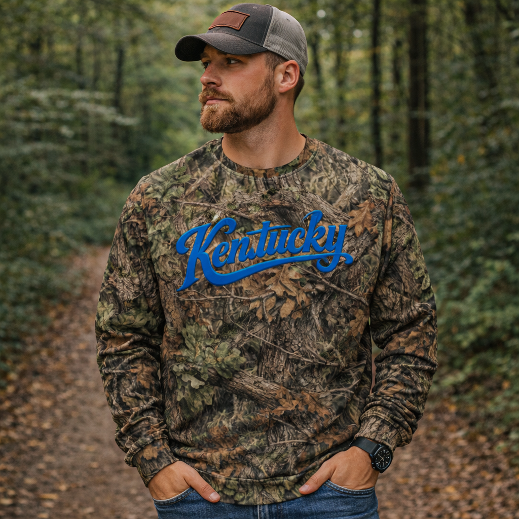 Kentucky Camo Sweatshirt | Mossy Oak All-Over Print with Blue Script | Unisex Cotton