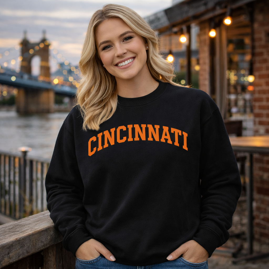 Cincinnati Football Sweatshirt | Arched Orange Text Design | Premium Fleece