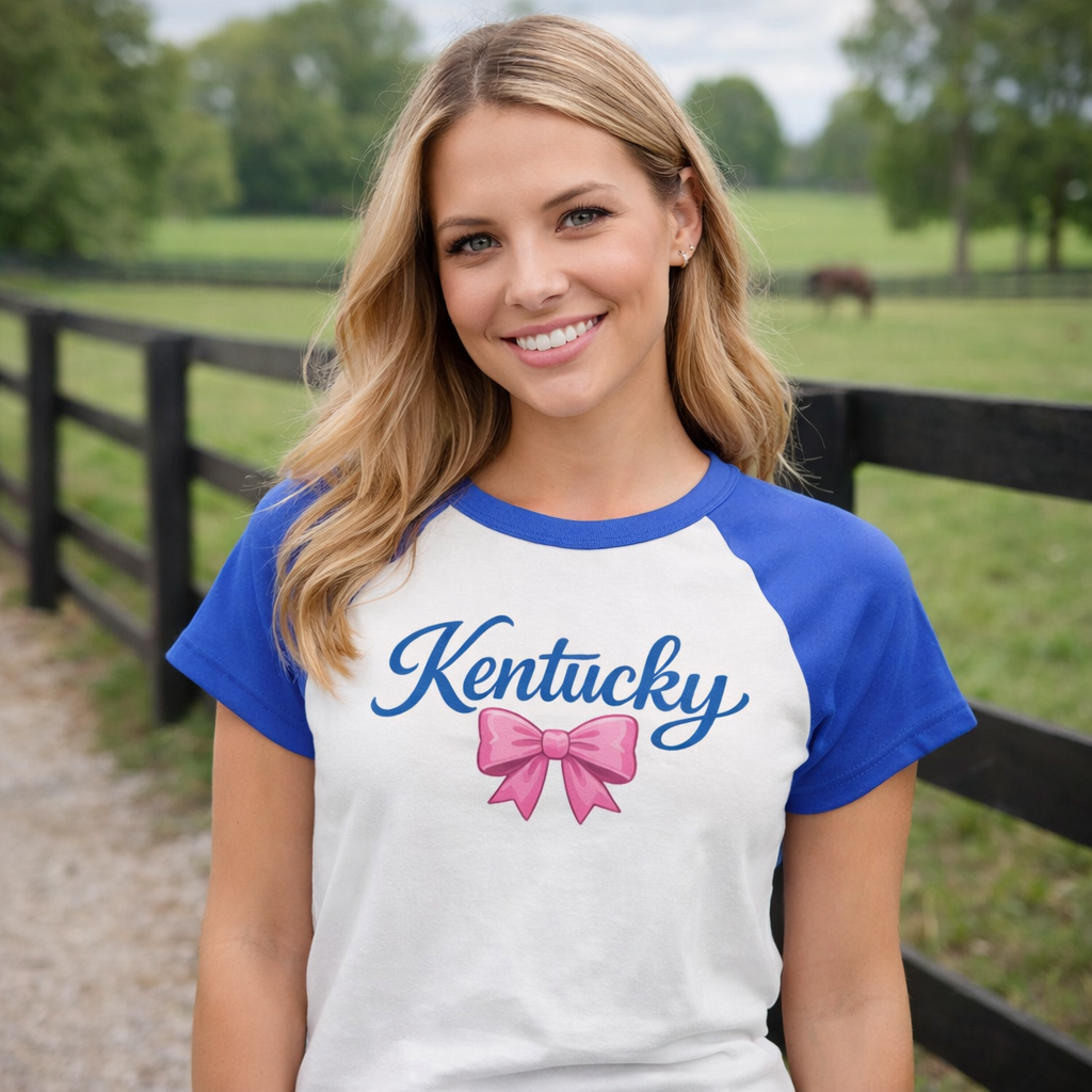 Kentucky Script Bow Raglan Baby Tee | Vintage Blue Graphic