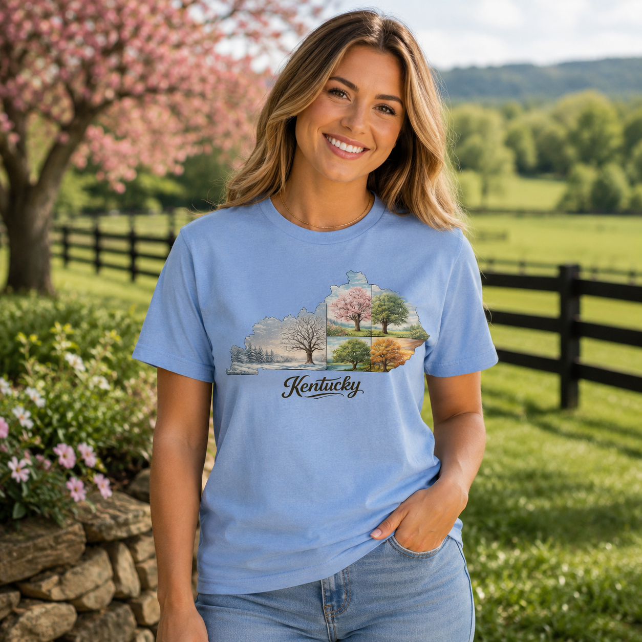 Four Seasons in Kentucky T-Shirt | State Outline Seasonal Design | Classic Cotton