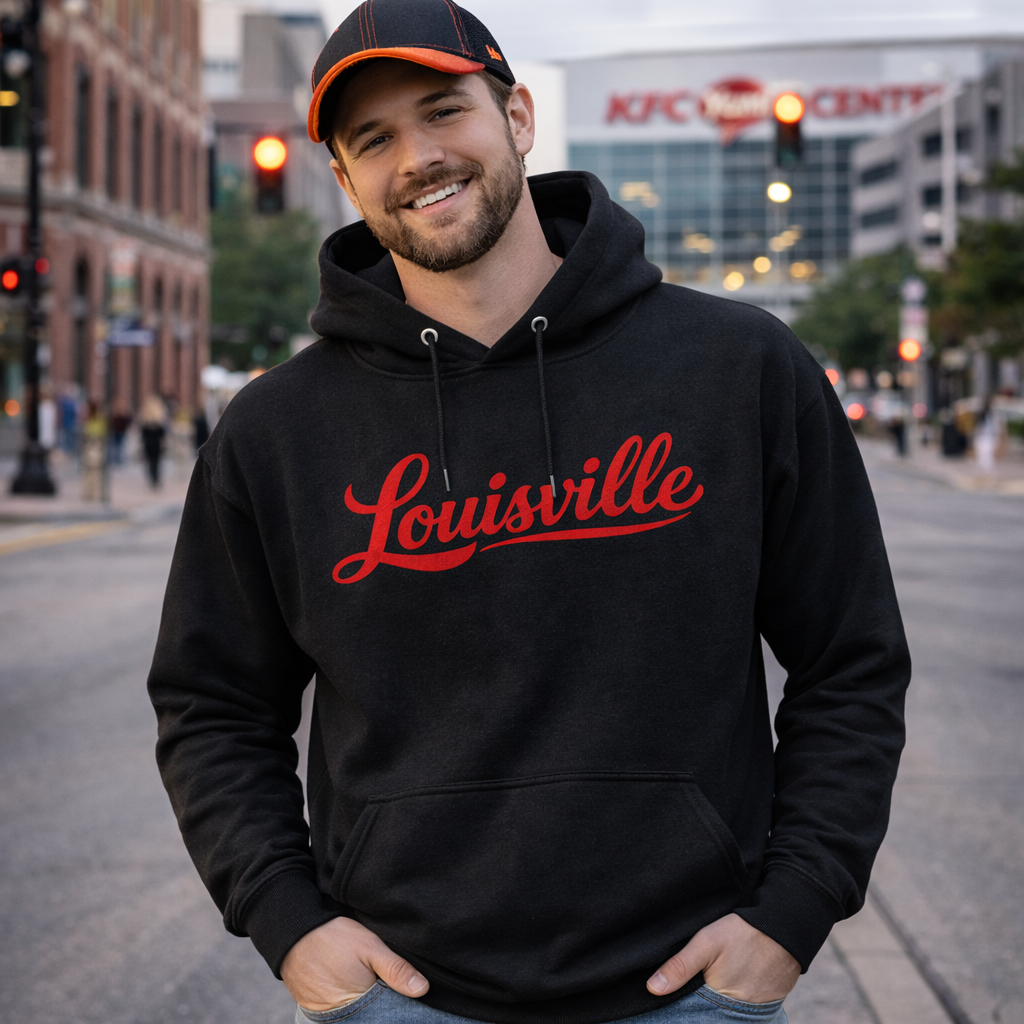 Louisville Hoodie | Red Script Embroidered Design | Unisex Comfort