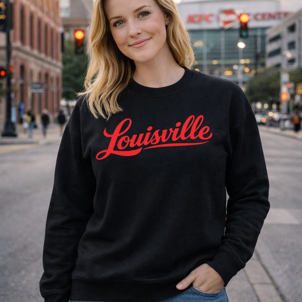 Louisville Sweatshirt | Red Script Fleece Crewneck | Unisex Fit