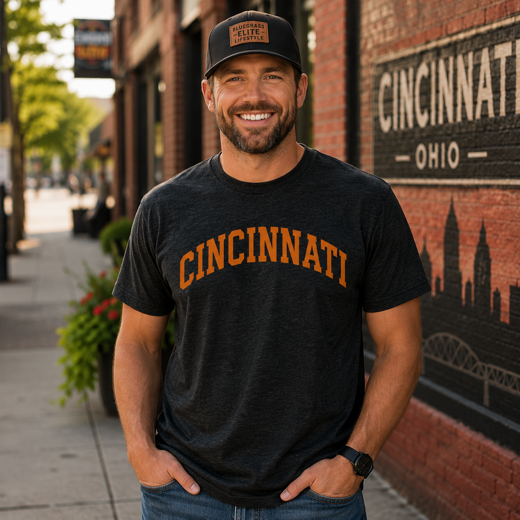 Cincinnati Football Shirt | Arched Orange Text Design | Elite Tri-Blend
