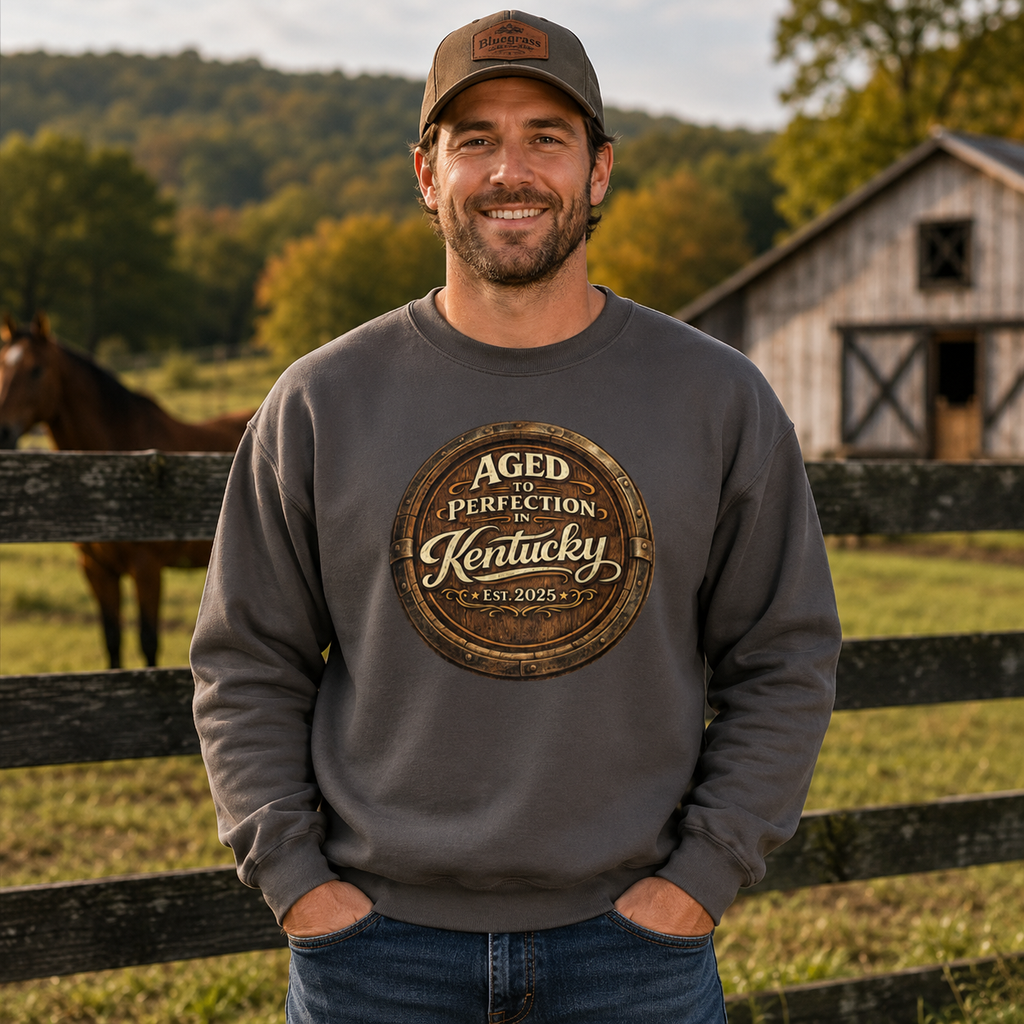 Aged to Perfection in Kentucky Sweatshirt | Barrel-End Emblem Design | Unisex Pullover