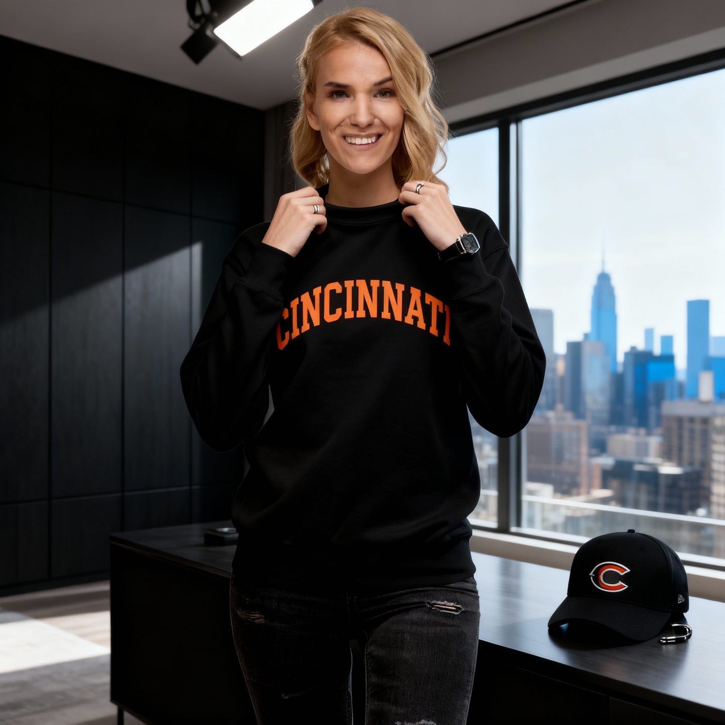 Cincinnati Football Sweatshirt | Arched Orange Text Design | Premium Fleece