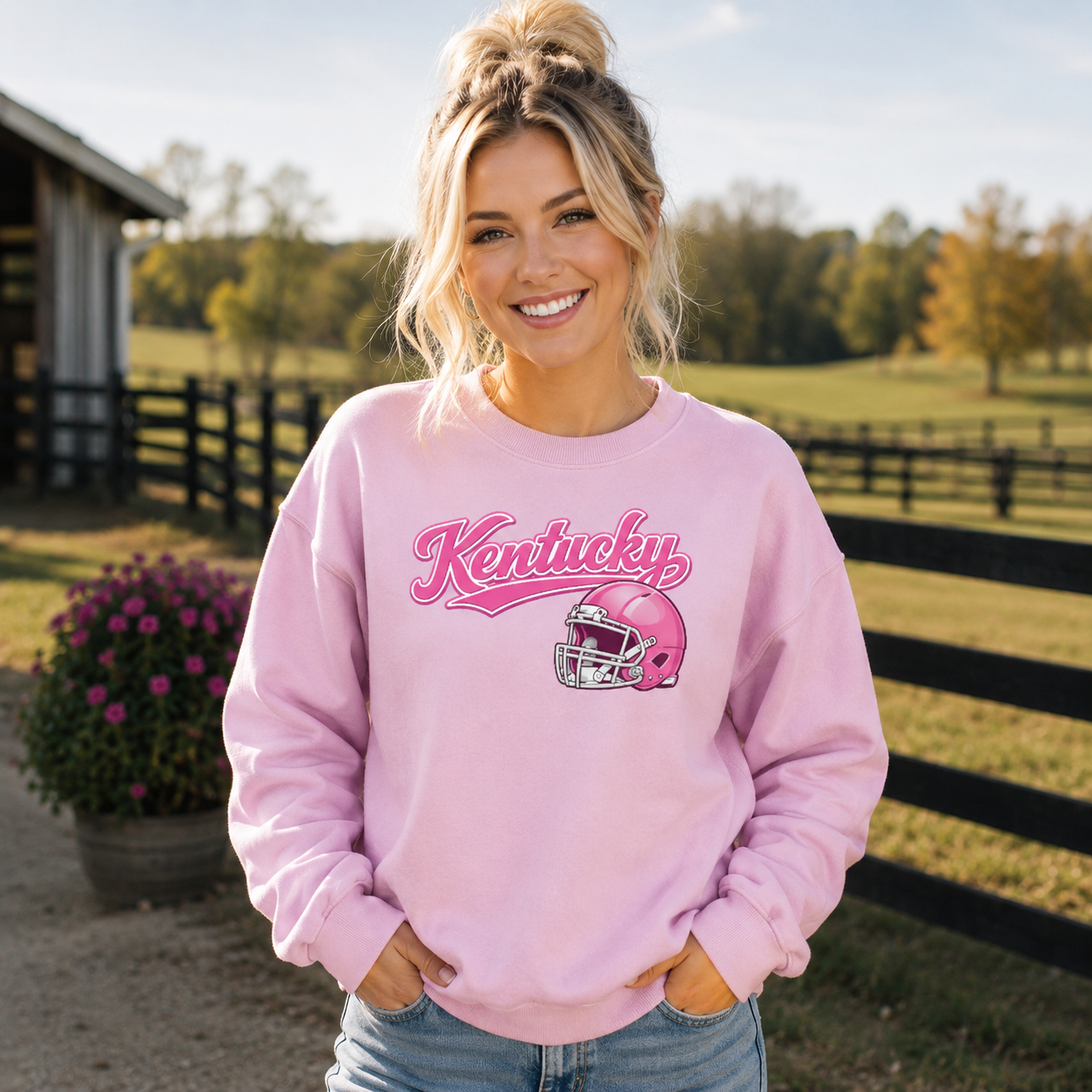 Kentucky Pink Script Helmet Sweatshirt | Minimal Sports Design | Classic Crewneck
