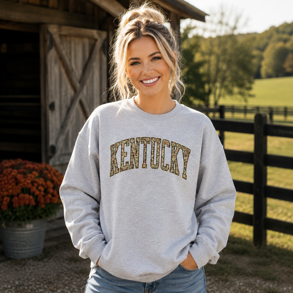 Kentucky Camo Letter Sweatshirt | Arched Bold Design | Unisex Fit