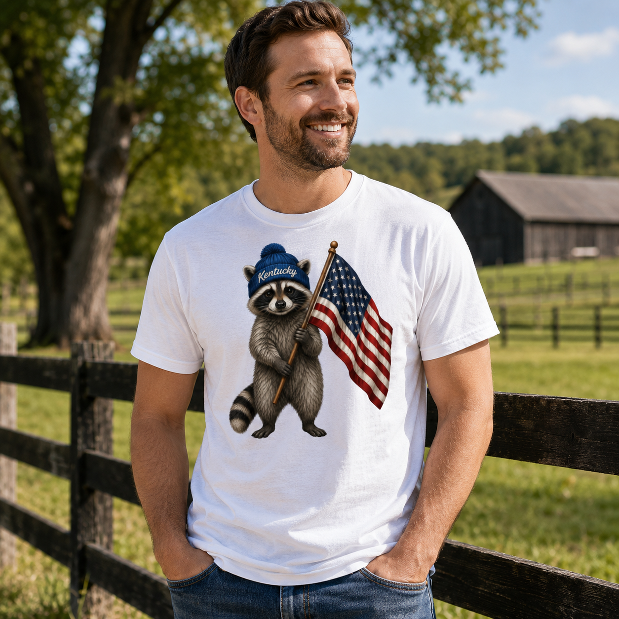 Kentucky Raccoon Flag Tee | Patriotic Beanie Design | Classic