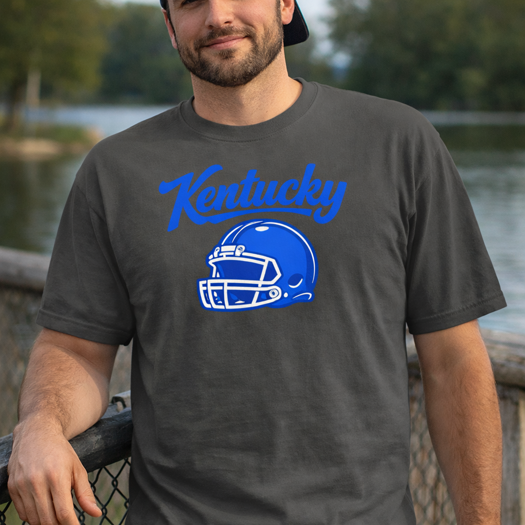 Kentucky Blue Script Helmet T-Shirt | Minimal Sports Design | Classic Airlume