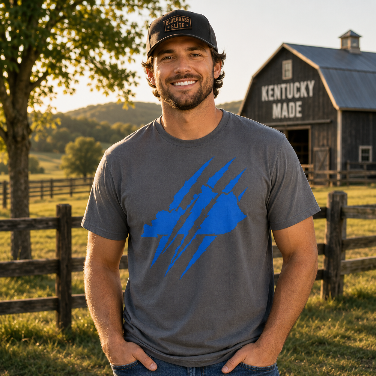 Kentucky Outline T-Shirt | Claw Marks Graphic Design Blue | Classic