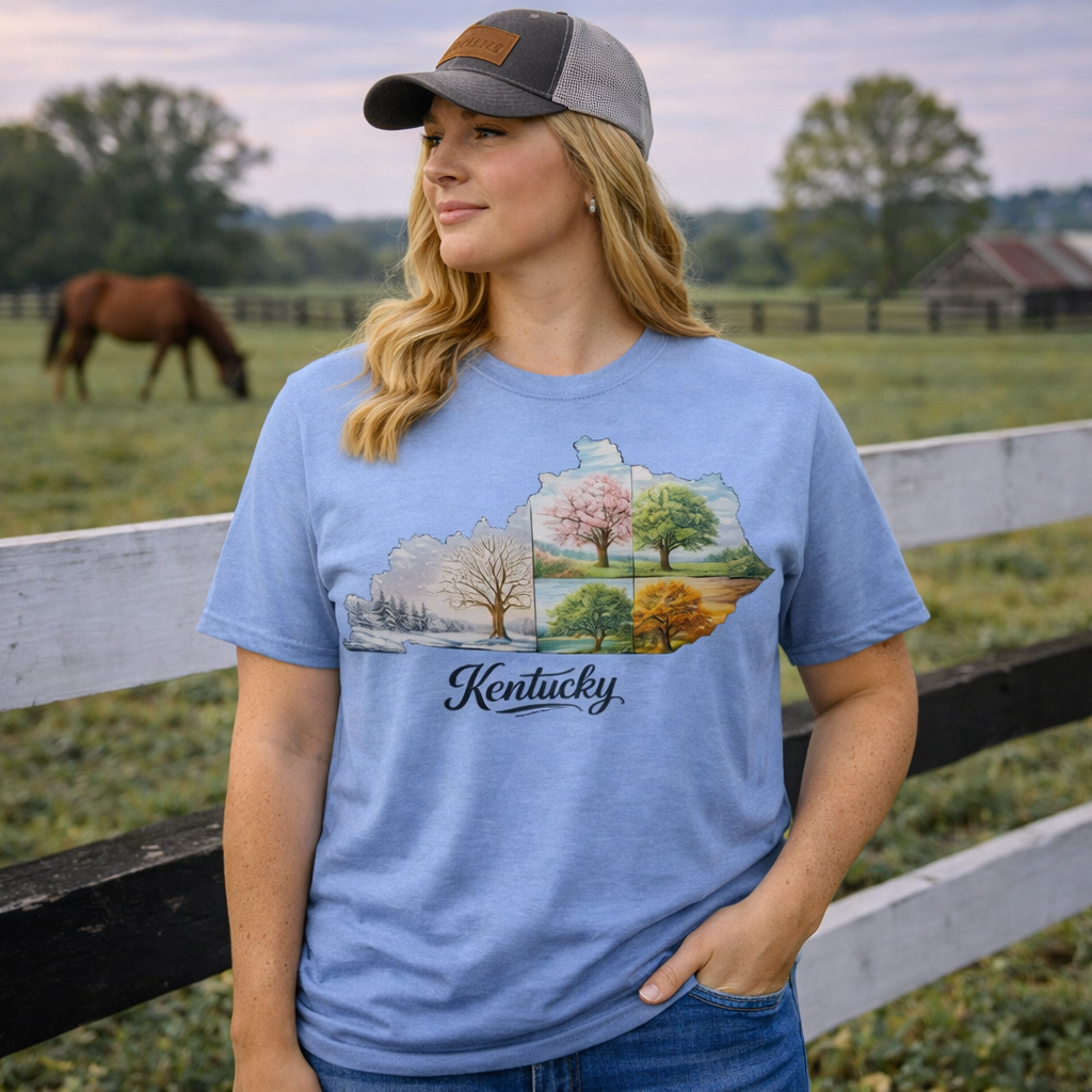 Four Seasons in Kentucky T-Shirt | State Outline Seasonal Design | Classic Cotton