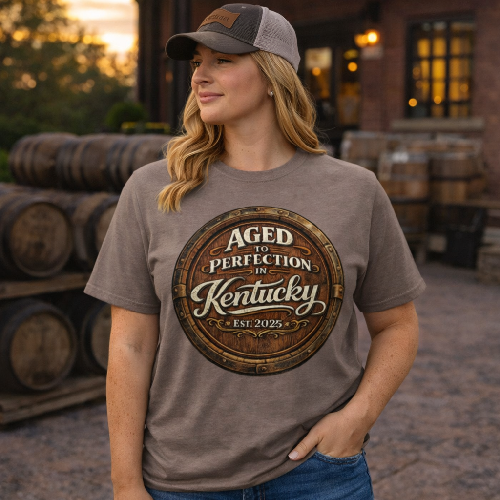 Aged to Perfection in Kentucky T-Shirt | Barrel-End Emblem Design | Classic Cotton