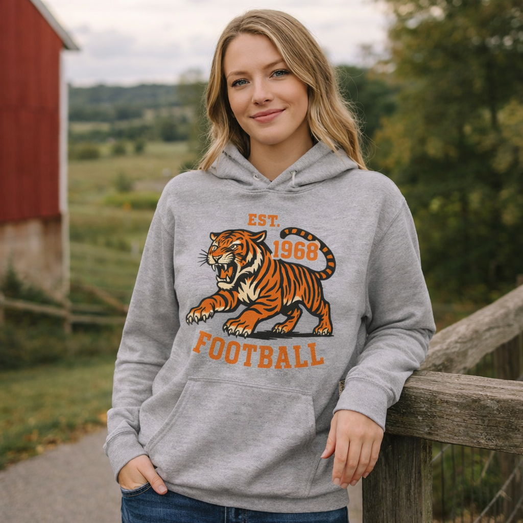Retro Tiger Football Hoodie | Est. 1968 Vintage Style | Classic Fleece