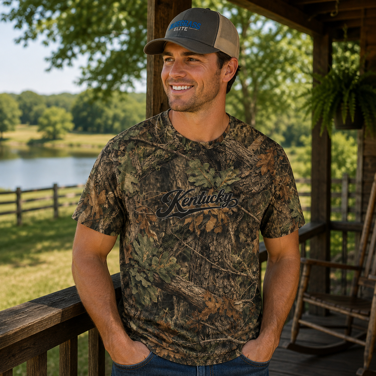 Kentucky Woodland Camo Script Performance Tee | Stretch Athletic Design