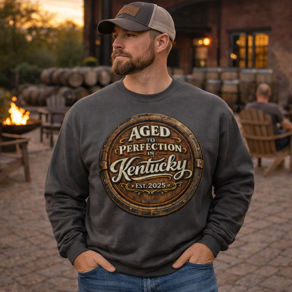 Aged to Perfection in Kentucky Sweatshirt | Barrel-End Emblem Design | Unisex Pullover