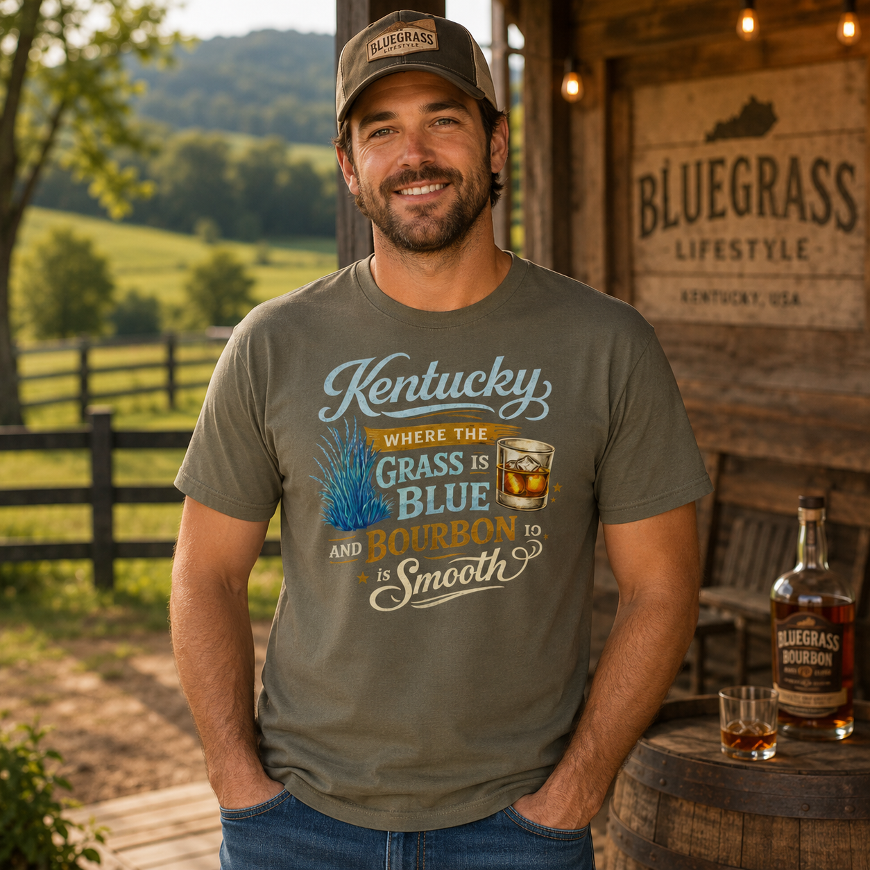 Kentucky: Where the Grass is Blue & the Bourbon is Smooth T-Shirt | Playful Southern Culture Tee | Classic Cotton