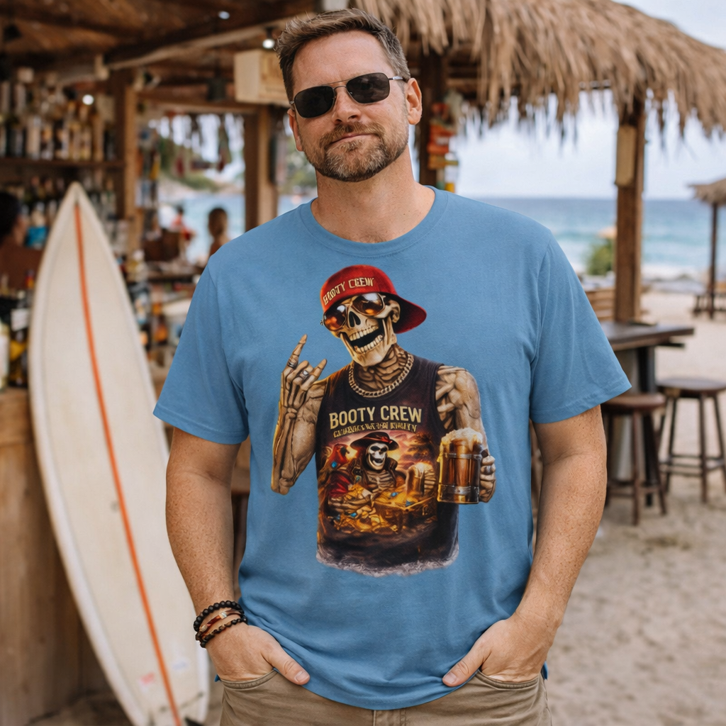 Booty Crew T-Shirt | Pirate Skeleton Design | Freaking Brad Show | Classic Cotton