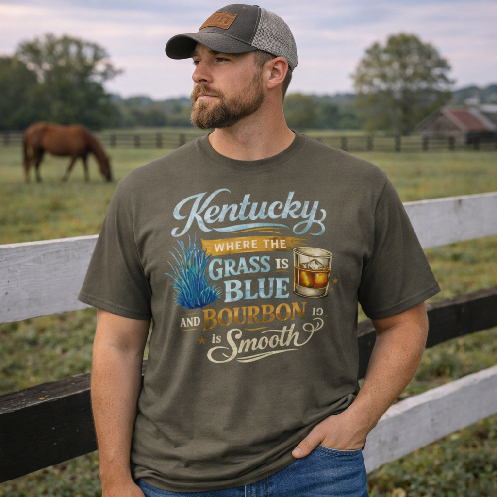 Kentucky: Where the Grass is Blue & the Bourbon is Smooth T-Shirt | Playful Southern Culture Tee | Classic Cotton