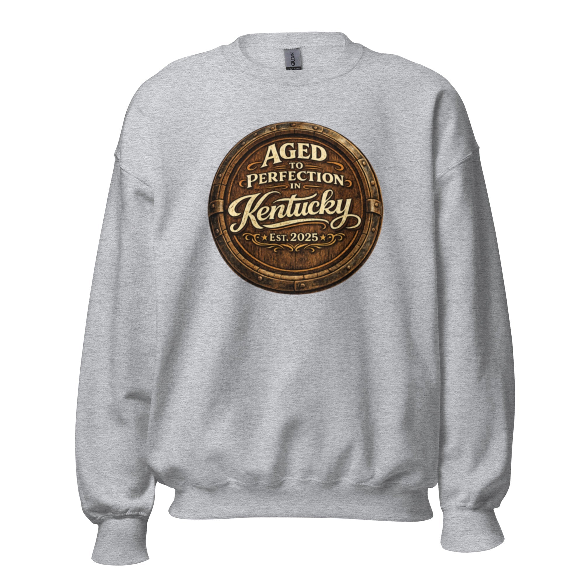 Aged to Perfection in Kentucky Sweatshirt | Barrel - End Emblem Design | Unisex Pullover - Bluegrass Elite Apparel LLC