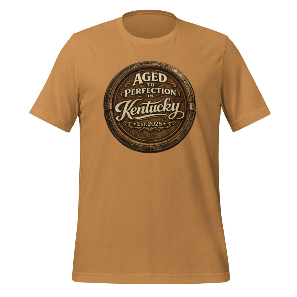 Aged to Perfection in Kentucky T-Shirt | Barrel - End Emblem Design | Classic Cotton - Bluegrass Elite Apparel LLC