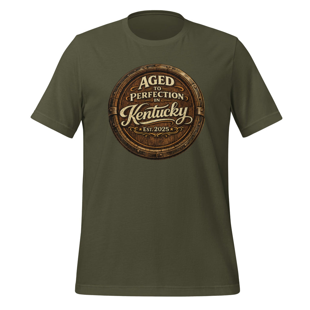 Aged to Perfection in Kentucky T-Shirt | Barrel - End Emblem Design | Classic Cotton - Bluegrass Elite Apparel LLC
