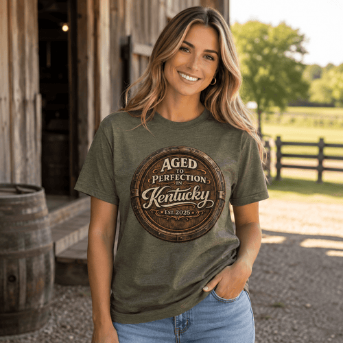Aged to Perfection in Kentucky T-Shirt | Barrel-End Emblem Design | Classic Cotton - Bluegrass Elite Apparel LLC