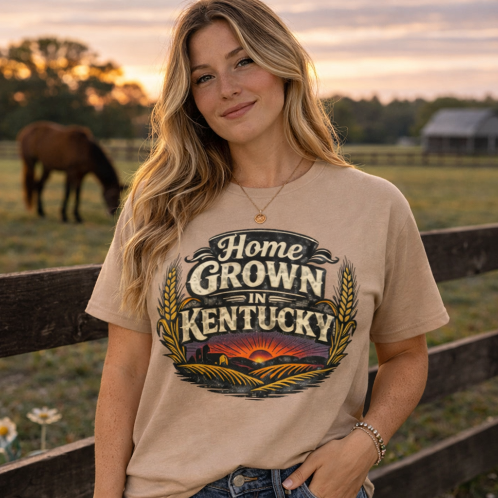 Home Grown in Kentucky T-Shirt | Vintage Wheat & Hills Design | Classic Cotton