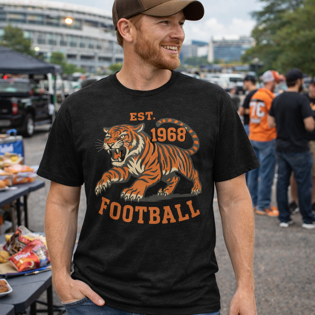 Retro Tiger Football T-Shirt | Est. 1968 Vintage Style | Elite Tri-Blend