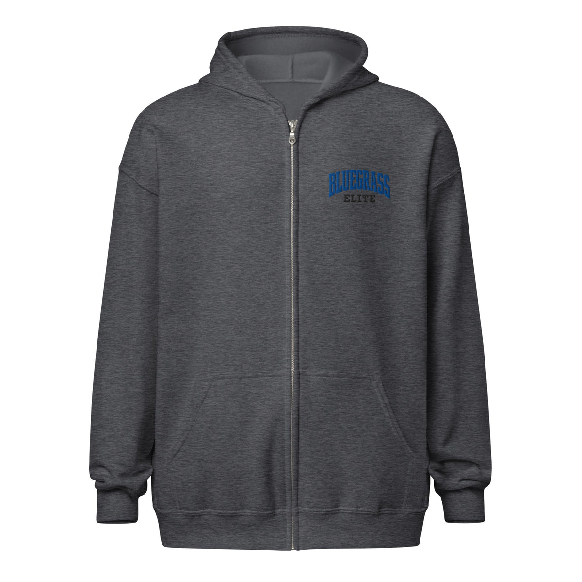 Bluegrass Elite Apparel LLC charcoal grey zip-up hoodie with blue arched logo on chest and front pouch pockets