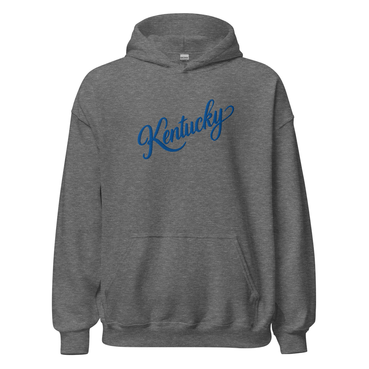 Bluegrass Elite Apparel LLC grey pullover hoodie with blue Kentucky script lettering on the chest.