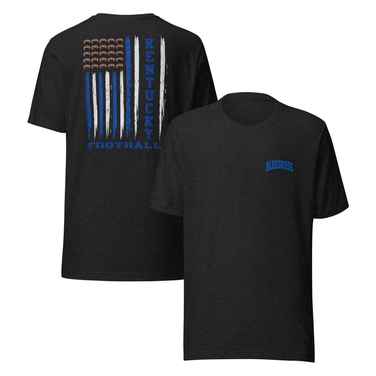 Bluegrass Elite Apparel LLC charcoal grey cotton t-shirt with Kentucky football flag graphic on back and logo on front