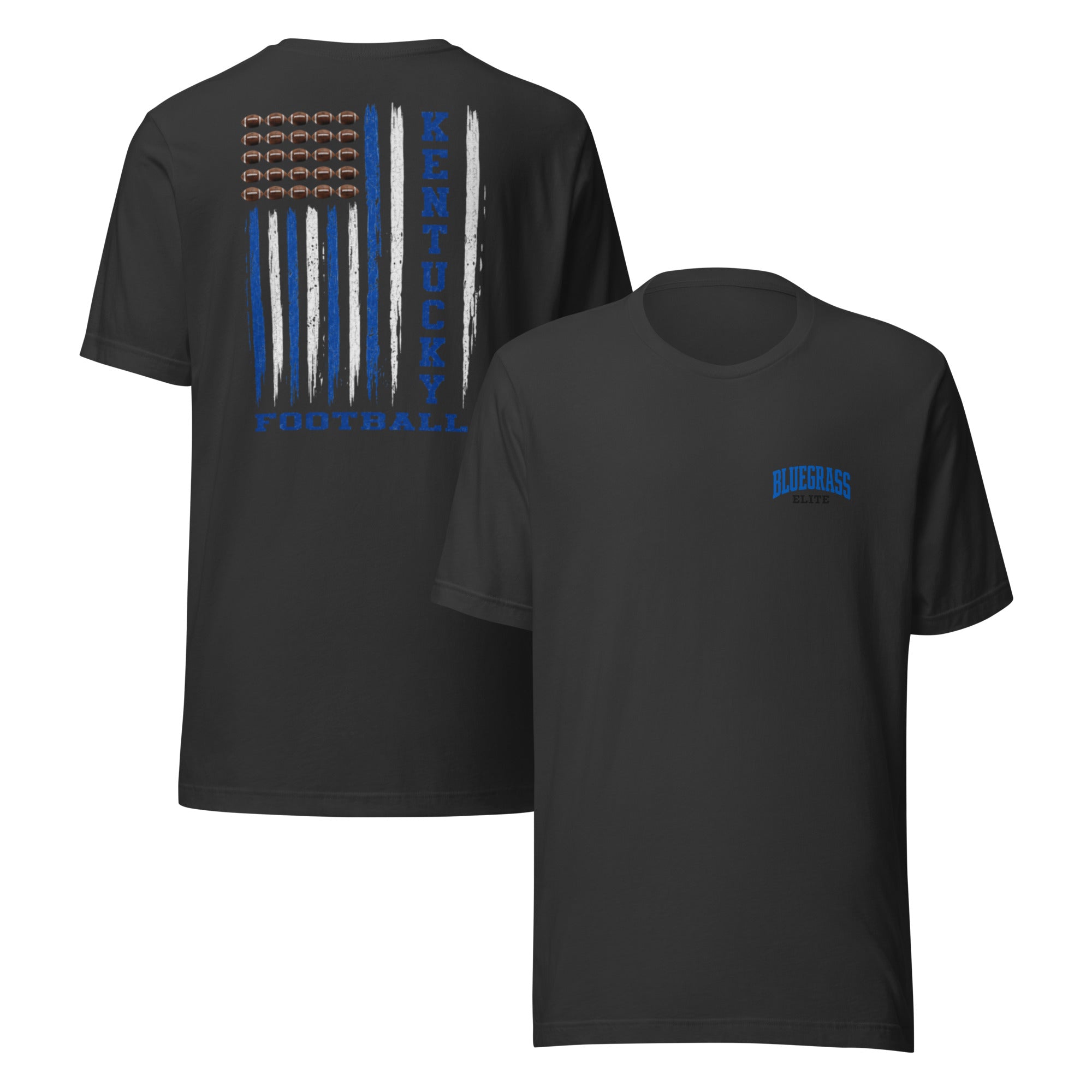 Bluegrass Elite Apparel LLC black cotton t-shirt with Kentucky football flag graphic on back and logo on front