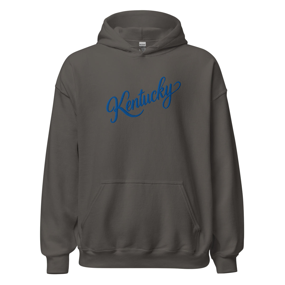 Bluegrass Elite Apparel LLC black pullover hoodie featuring a blue Kentucky script graphic on the chest.